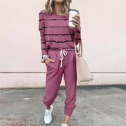 Lastesso Womens Trendy Loungewear Striped Crewneck Long Sleeve Pajama Tops Drawstring Jogger Pants Lounge Set