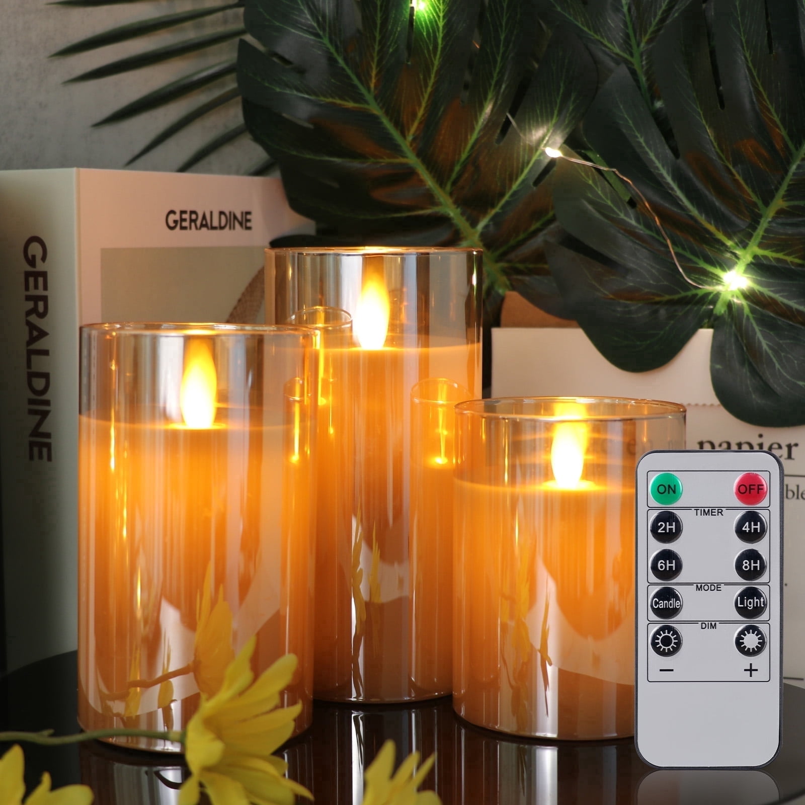 Lasumora Flameless Glass Candles with Timer and Remote , 3D Flickering Battery Operated LED Gold Candles for Home Decoration, Set of 3 - Walmart.com