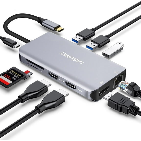 Lasuney Triple Display USB Type C HUB with to 2 HDMI, Displayport, PD3.0, Ethernet, 3 USB3.0, SD/TF, Multiport Adapter Docking Station Dongle for IPad MacBook Air Pro and More