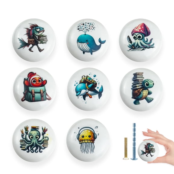 Jamjam 8Pack 1.5" Sea animals theme Ceramics Drawer handle knob Nursery unique cabinet door Cupboard dresser drawer pulls and knobs