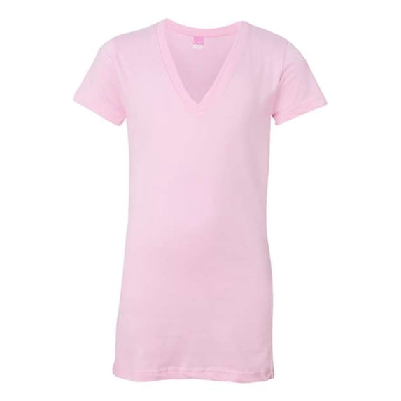 Lat-Juniors' Fine Jersey V-Neck Longer Length T-Shirt-3607