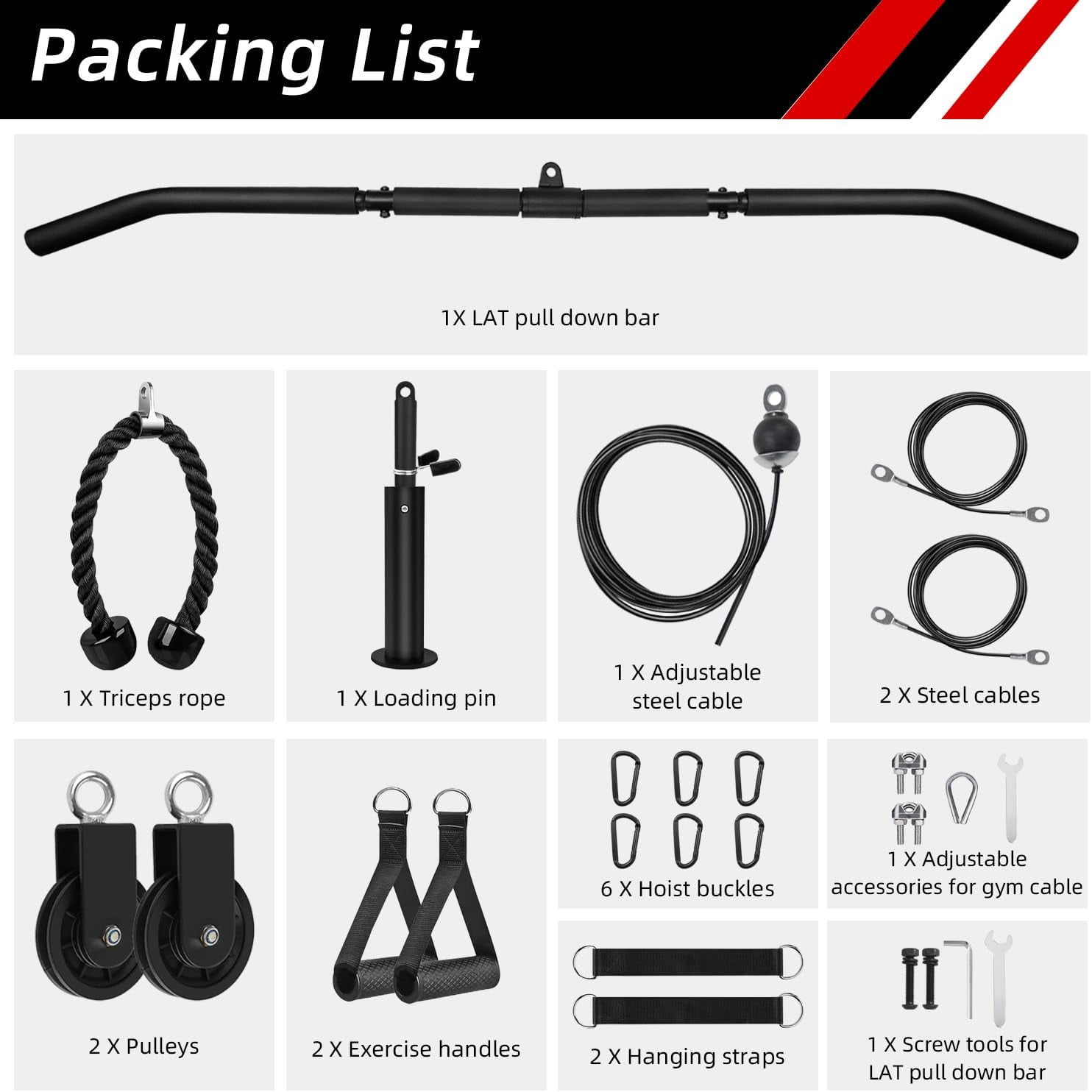 Lat Pull Down Cable Machine with 3 Handles for Home Gym Triceps Biceps Back Workout