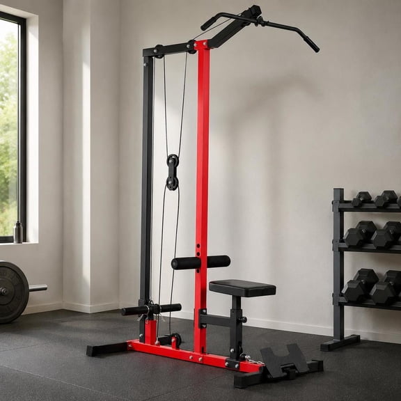 Lat Pull Down Machine, 2-in-1 Row Cable Machine, 500 Lbs Load, 3-Level Seat, 4-Level Foam Roller, Black Red
