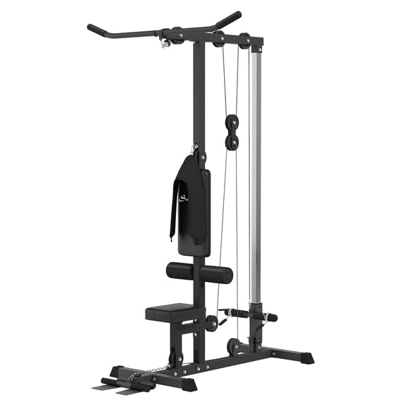 Lat Pulldown Machine, Home Gym Pulley System w/ Adjustable Seat & Footplate - Black