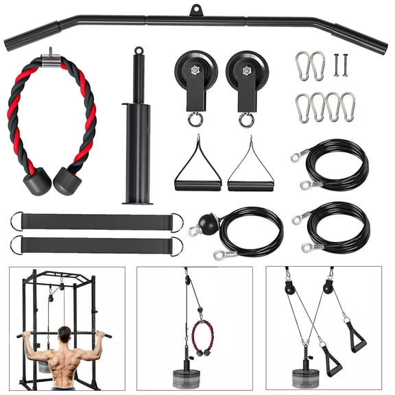 Lat Pulldown Machine, Steel Cable Pulley System with Straight Bar and Triceps Rope for Home Gym Strength Training, Red