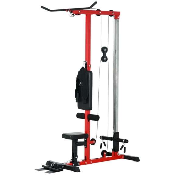 Lat Pulldown Machine with Adjustable Seat & Footplate, Dual High-Low Pulley System for Home Gym, Red