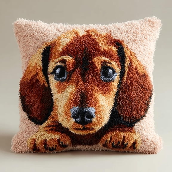 Latch Hook Complete Pillow Cover Kit,Dachshund,Lovely Dog Latch Hook Kits Rug Making Crafts DIY For Kids/Adults 43x43 Cm