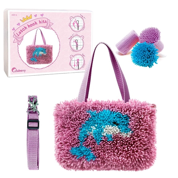 Latch Hook Craft Kit Beginners for Girls, Latch Hook Bag Kit with Printed Dolphin Pattern Bag, DIY Latch Hook Starter Handmade Bag Set for Kids Children Christmas and Birthday Present