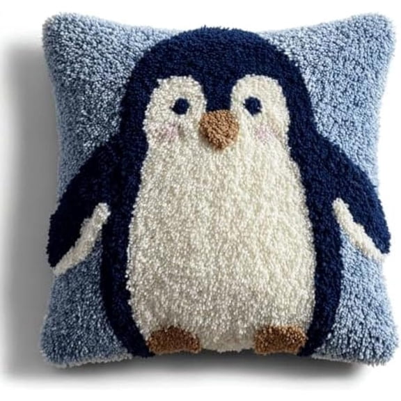 Latch Hook Cushion Craft Kit DIY Pillow Cover Kit 17x17 In,Yarn & Hook Included,Home Decor & Gift For Adults And Beginners,Cute Penguin