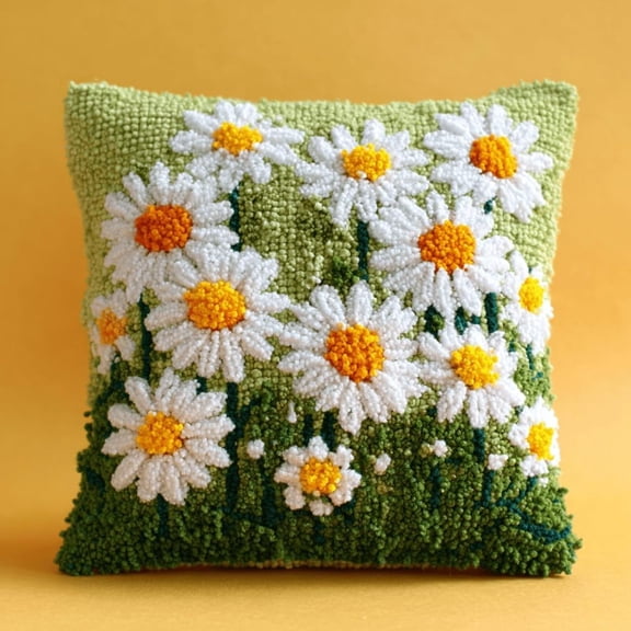 Latch Hook Cushion Kit For Adults - 43x43cm White Daisy Flower Pattern, DIY Knitted Embroidered Pillow Cover, Beginner-Friendly Needlework Set For Home Decor