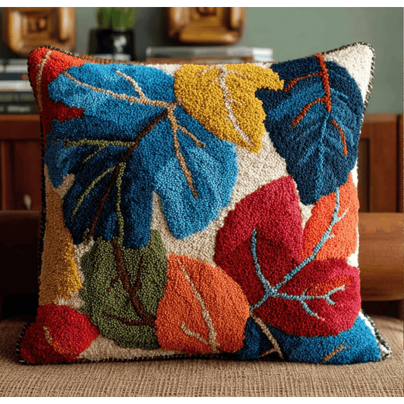 Latch Hook Cushion Kit for Adults Beginners Leaf Complete All-in-One DIY Rug Making Kit with Hook, Yarn and Canvas-Creative Craft Gift- Home Decor Pillow Cover 17X17 Inch