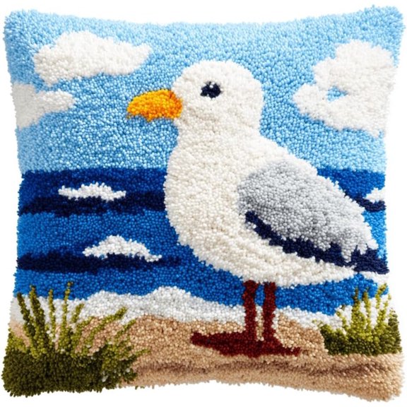 Latch Hook Cushion Kit For Adults Beginners Seagull Complete DIY Rug Making Kit With Hook, Yarn And Canvas-Creative Craft Gift- Home Decor Pillow Cover 17X17 Inch