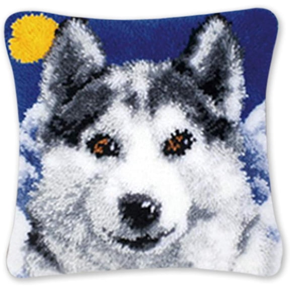 Winter Husky Dog Latch Hook Pillow Kit, Snow Night Wolf Dog DIY Latch Hook Cushion Cover Craft Set for Sofa Bedroom Decor 17x17 inches
