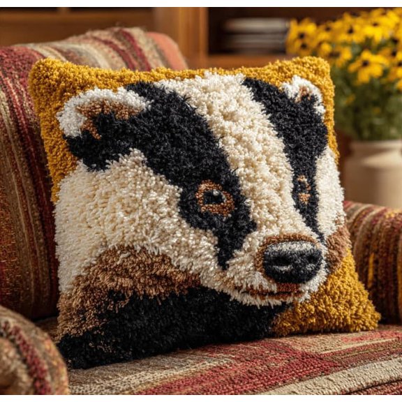 Latch Hook Cushion Kit, Badger Knitting Kits Cushion, Rug Making Kit For Starters, Latch Hook Kit For Beginners Adults, Latch Hook Kit 43X43Cm