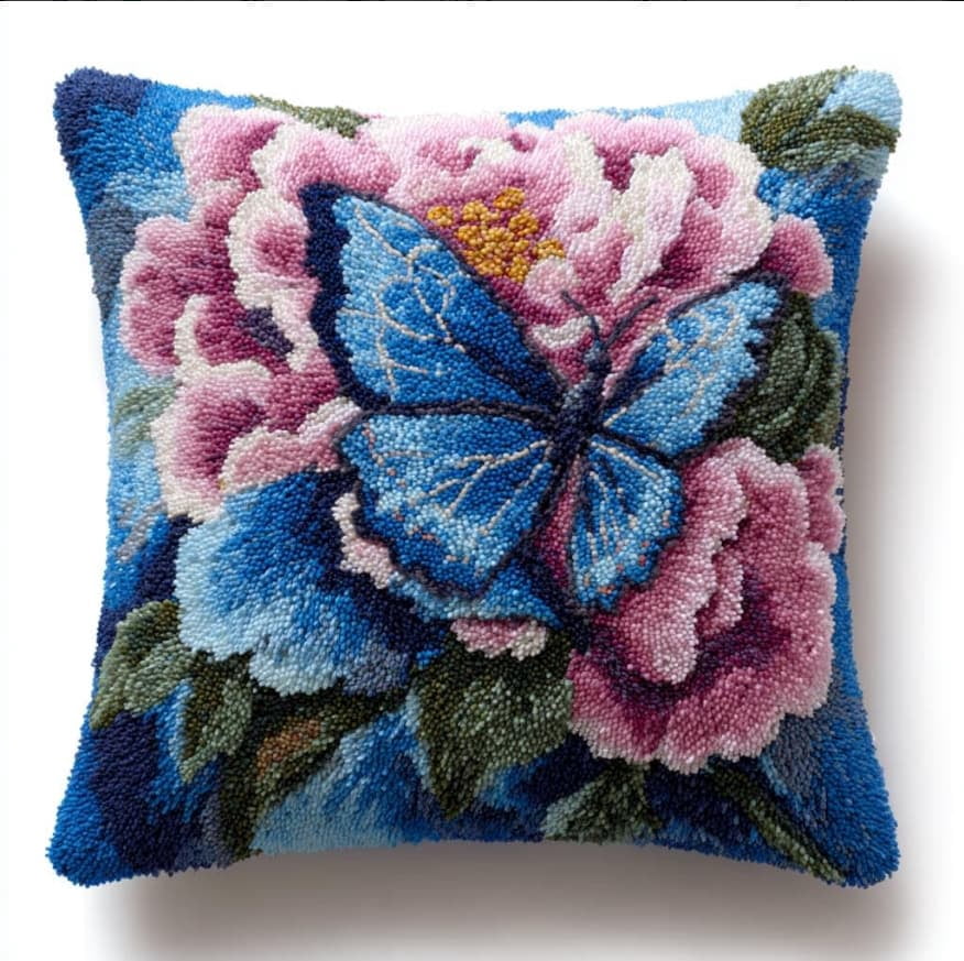 Latch Hook Cushion Kit, Butterfly Flowers Knitting Kits Cushion, Rug Making Kit For Starters, Latch Hook Kit For Beginners Adults, Latch Hook Kit 43X43Cm