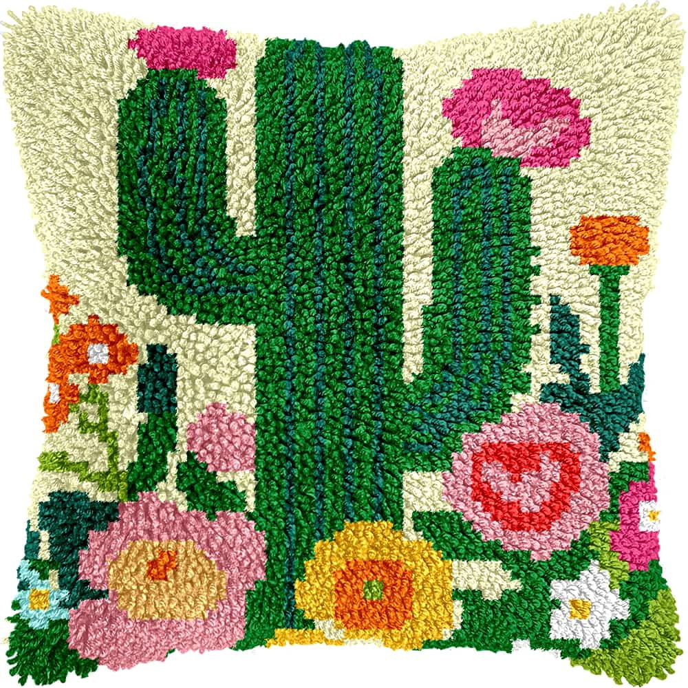 Latch Hook Cushion Kit, Cactus Knitting Kits Cushion, Rug Making Kit For Starters, Latch Hook Kit For Beginners Adults, Latch Hook Kit 43X43Cm