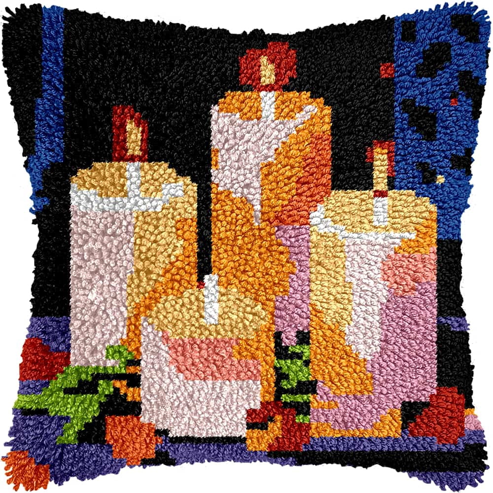 Latch Hook Cushion Kit, Candle Knitting Kits Cushion, Rug Making Kit For Starters, Latch Hook Kit For Beginners Adults, Latch Hook Kit 43X43Cm
