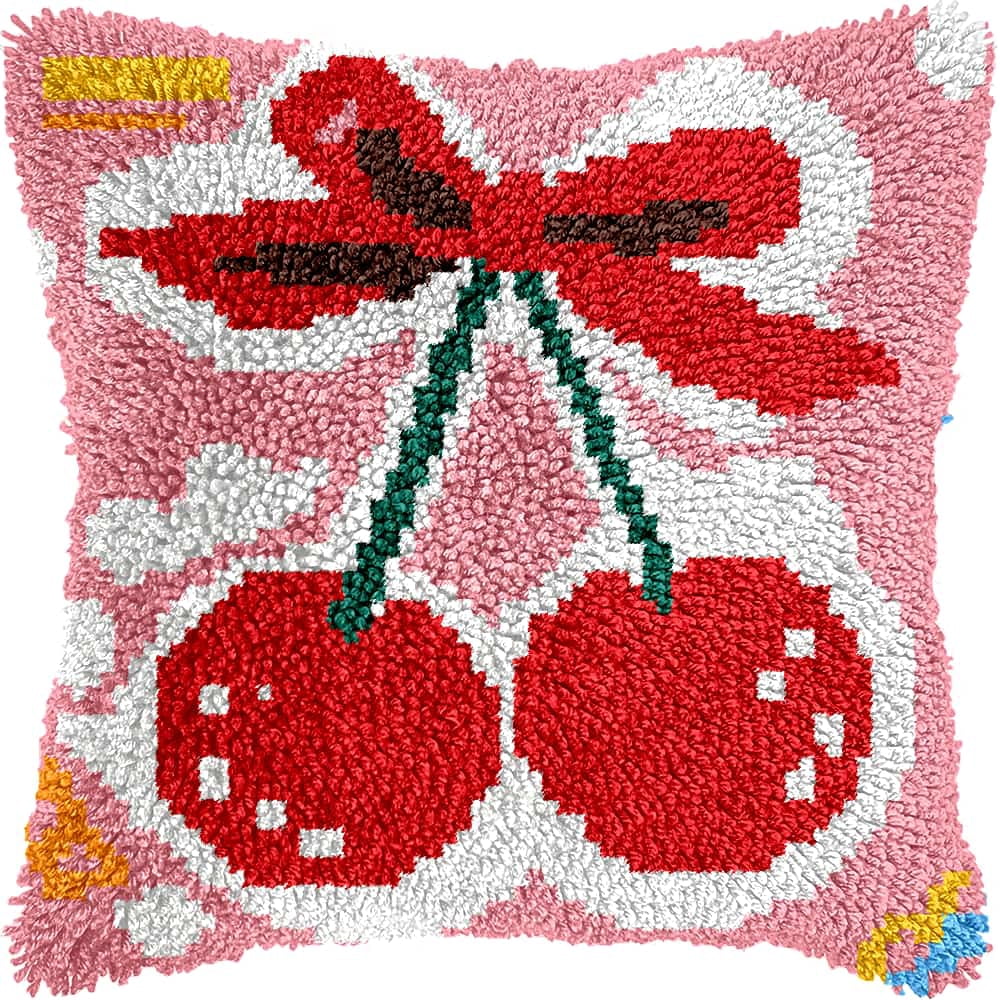 Latch Hook Cushion Kit, Cherry Knitting Kits Cushion, Rug Making Kit For Starters, Latch Hook Kit For Beginners Adults, Latch Hook Kit 43X43Cm