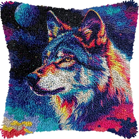Latch Hook Cushion Kit DIY Crochet Pillow Kit Pre-Printed Pillowcase 17X17inch - Animal wolf