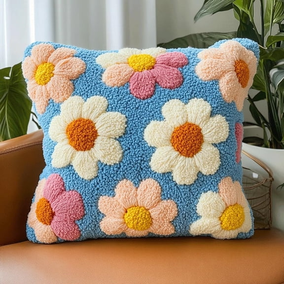 Latch Hook Cushion Kit Daisy flowers DIY Crochet Pillow Kit Pre-Printed Pillowcase 17X17inch