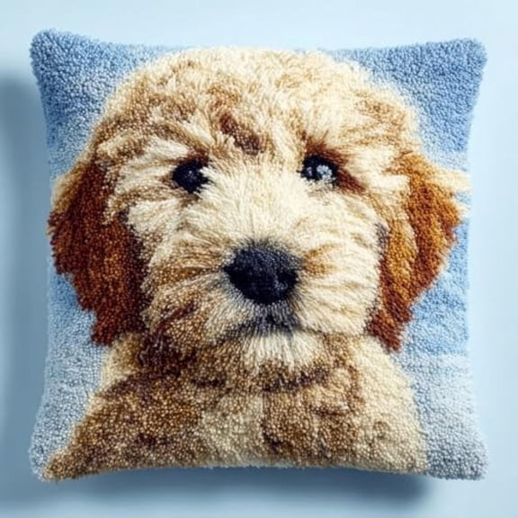 Latch Hook Cushion Kit Golden Doodle Dog Face With Pre-Printed Cushion Cover DIY Pillowcase Crochet Yarn Hooking Craft Set For Hobby And Home Decor 43x43cm