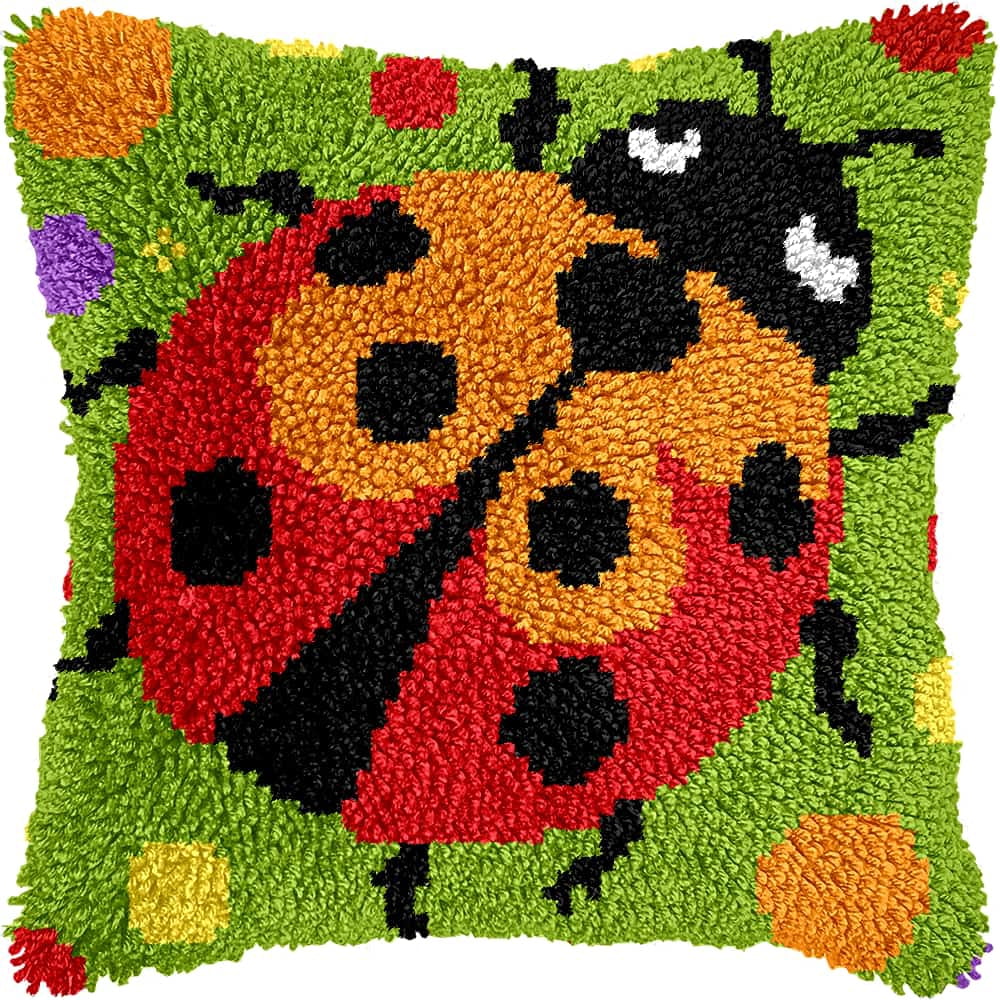 Latch Hook Cushion Kit, Ladybug Knitting Kits Cushion, Rug Making Kit For Starters, Latch Hook Kit For Beginners Adults, Latch Hook Kit 43X43Cm