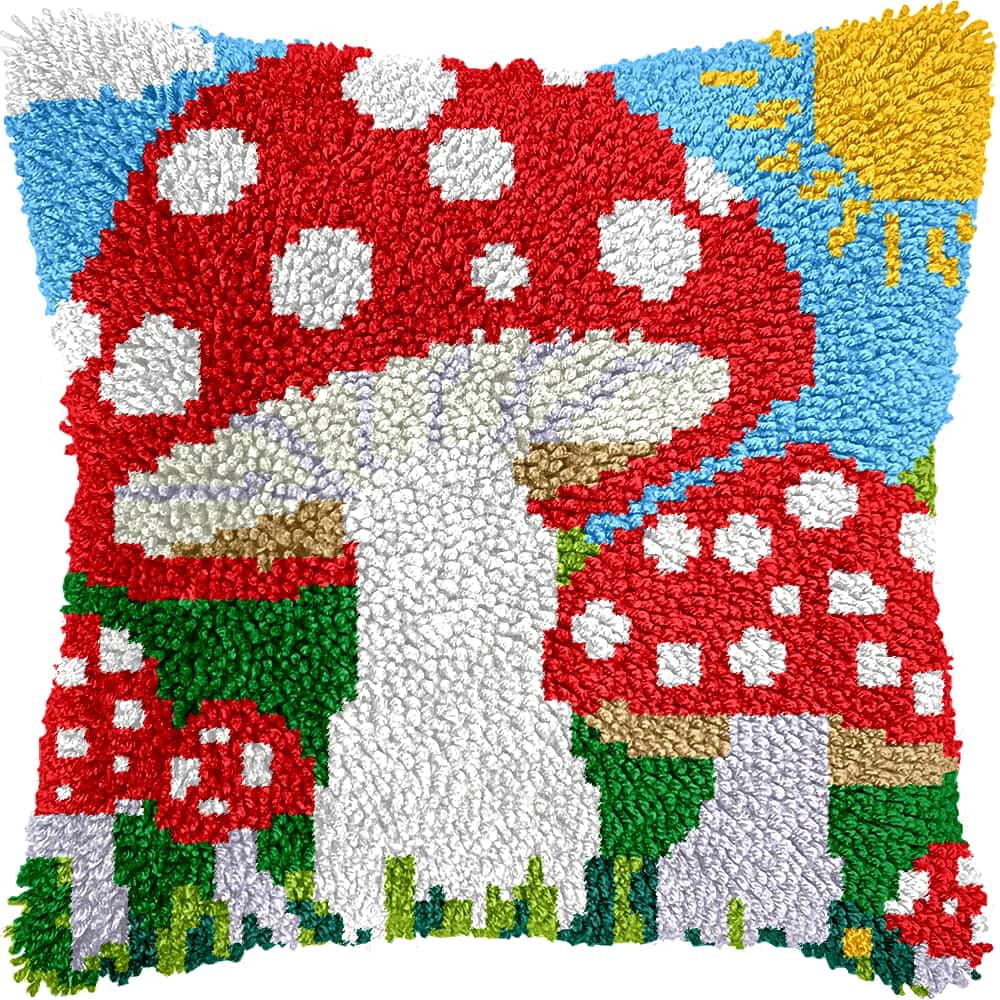 Latch Hook Cushion Kit, Mushroom Knitting Kits Cushion, Rug Making Kit For Starters, Latch Hook Kit For Beginners Adults, Latch Hook Kit 43X43Cm