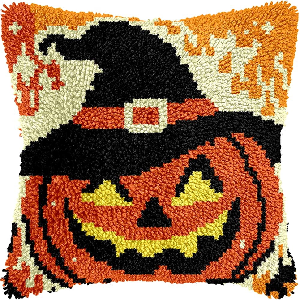 Latch Hook Cushion Kit, Pumpkin Knitting Kits Cushion, Rug Making Kit For Starters, Latch Hook Kit For Beginners Adults, Latch Hook Kit 43X43Cm