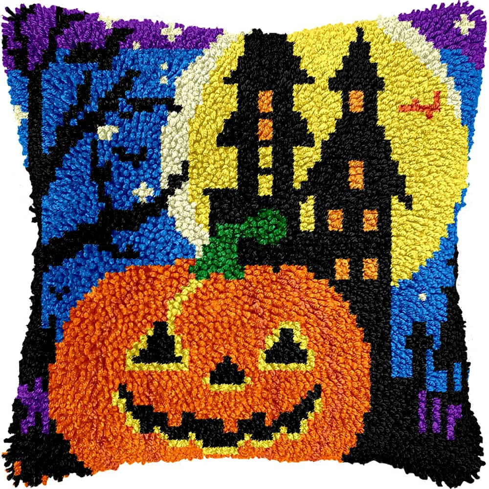 Latch Hook Cushion Kit, Pumpkin Knitting Kits Cushion, Rug Making Kit For Starters, Latch Hook Kit For Beginners Adults, Latch Hook Kit 43X43Cm