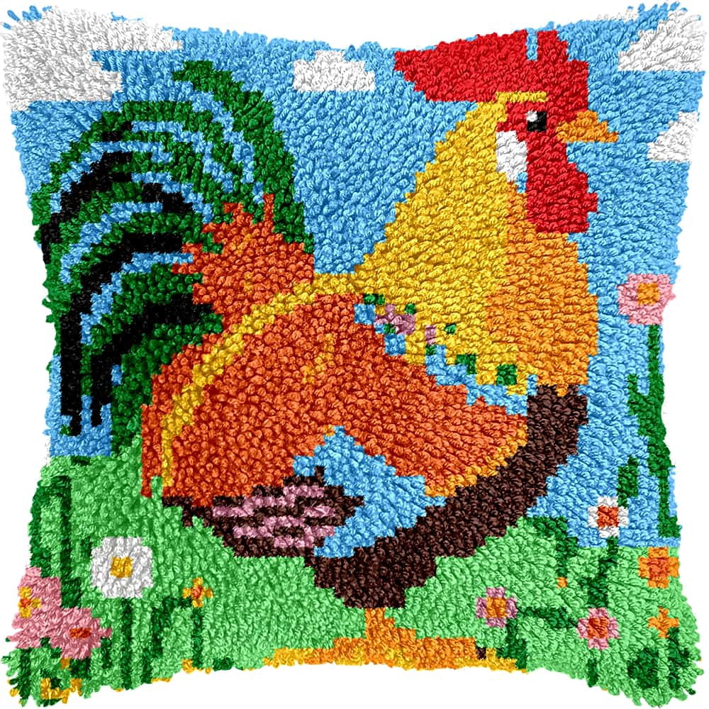 Latch Hook Cushion Kit, Rooster Knitting Kits Cushion, Rug Making Kit For Starters, Latch Hook Kit For Beginners Adults, Latch Hook Kit 43X43Cm