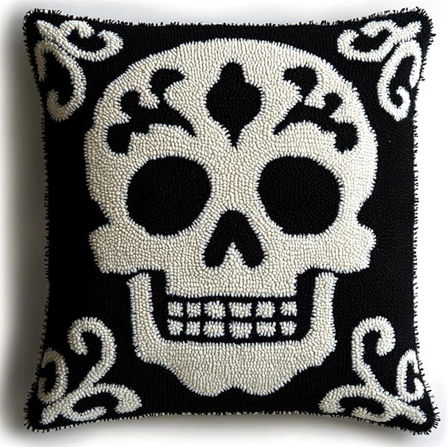 Latch Hook Cushion Kit, Skull Knitting Kits Cushion, Rug Making Kit For Starters, Latch Hook Kit For Beginners Adults, Latch Hook Kit 43X43Cm