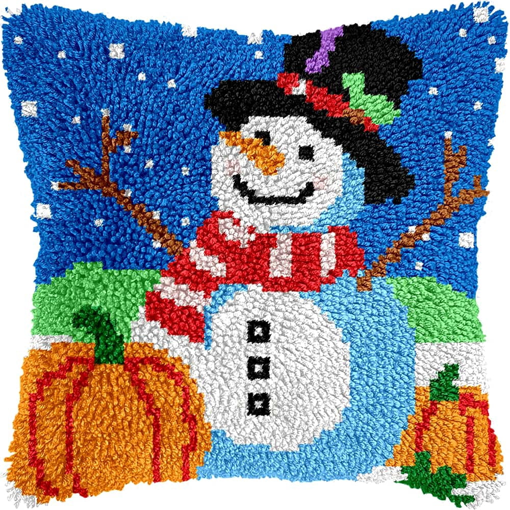 Latch Hook Cushion Kit, Snowman Knitting Kits Cushion, Rug Making Kit For Starters, Latch Hook Kit For Beginners Adults, Latch Hook Kit 43X43Cm