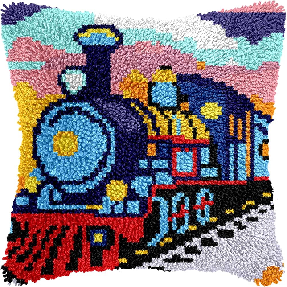 Latch Hook Cushion Kit, Train Knitting Kits Cushion, Rug Making Kit For Starters, Latch Hook Kit For Beginners Adults, Latch Hook Kit 43X43Cm