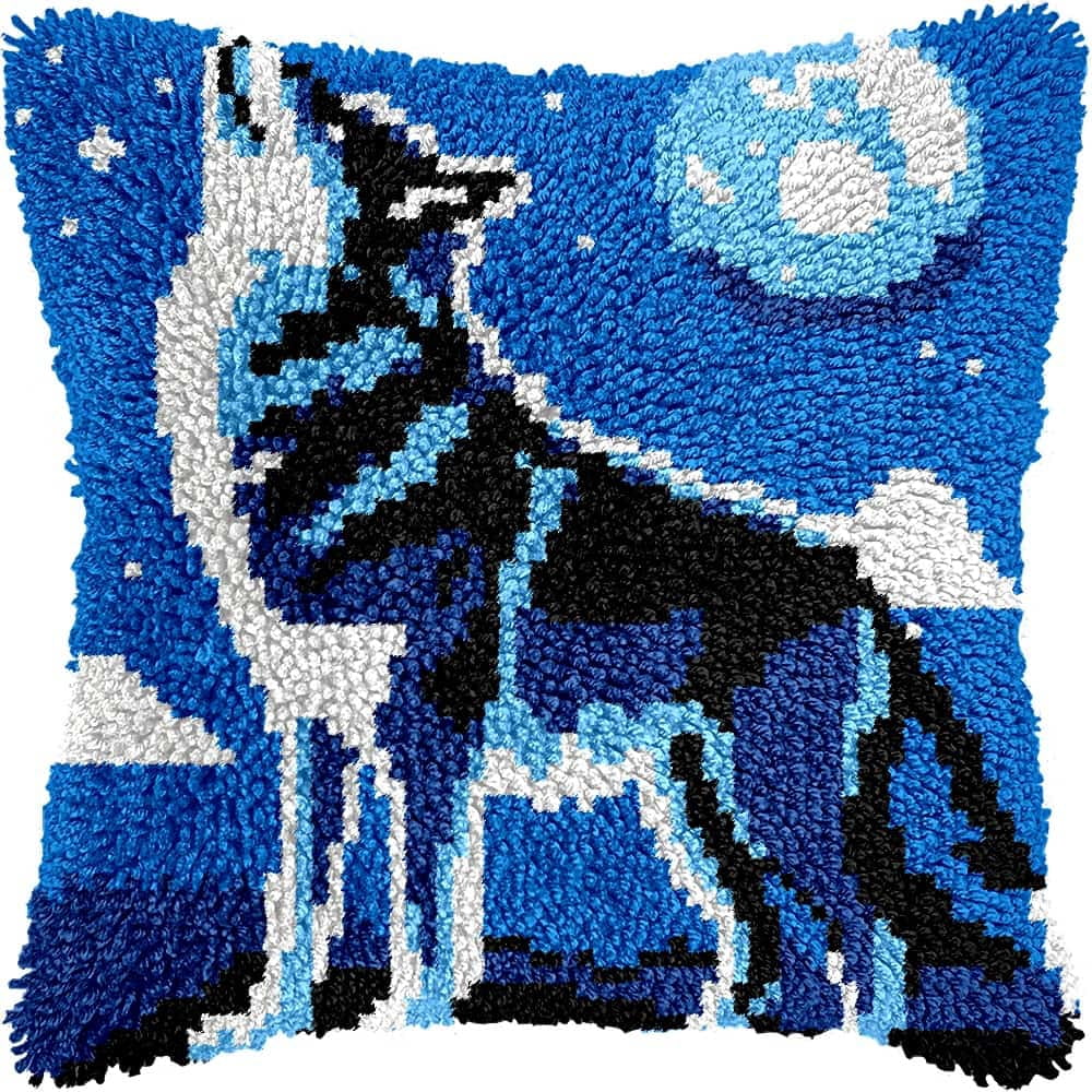 Latch Hook Cushion Kit, Wolf Knitting Kits Cushion, Rug Making Kit For Starters, Latch Hook Kit For Beginners Adults, Latch Hook Kit 43X43Cm