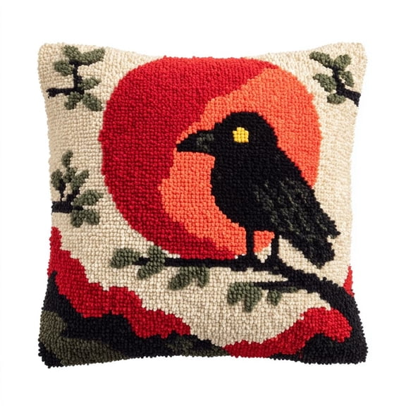 Latch Hook Cushion Kit for Adults,Crows on the Moon DIY Pillow & Rug Craft Kit for Beginners,Handmade Yarn Art,Relaxing Home Sofa Decor Gift