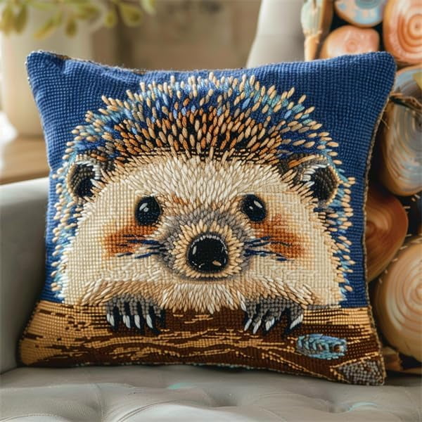 Latch Hook Cushion Kit for Adults, Hedgehog Design, 43X43cm, Pre-Printed Pattern, Edge-locking Technique, Unisex, Non-Foldable