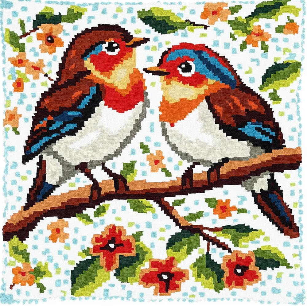 Latch Hook Cushion Kits For Adults 17X17Inch,Couple Robin Floral Pattern Latch Hook Pillow Case Kits Embroidery Kits 43X43Cm, Diy Needlework Pillow Cover Cushion Rug Making Kit, Diy Craft Ki
