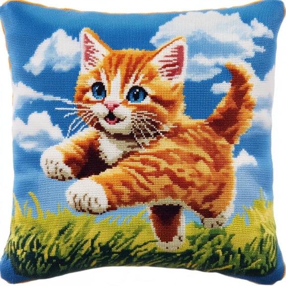 Latch Hook Cushion Kits for Adults Cat Cubs Cute Animal Blue Sky Rug Cover Pillowcase Kids Beginner DIY Needlework Embroidery Kits Handmade Set Craft Sofa Home Decor 43x43cm