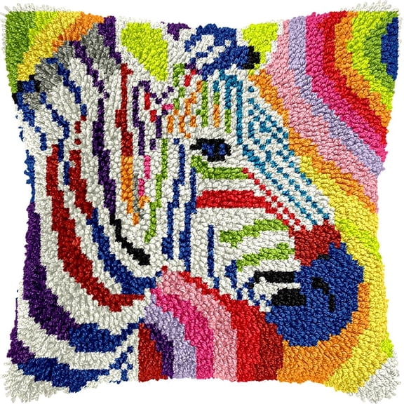 Latch Hook Cushion Kits For Adults Colorful Zebra 43Cmx43Cm Diy Hooks Knitted Embroidered Carpet Pillow Needlework Pillow Cover Embroidery Latch Hook Carpet Kit