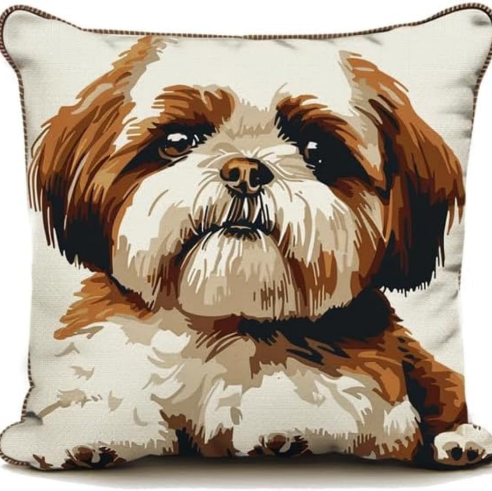 Latch Hook Cushion Kits for Adults Dogs White Brown Shih Tzu Puppy Rug Cover Pillowcase Kids Beginner DIY Needlework Embroidery Kits Handmade Set Craft Sofa Home Decor 43x43cm