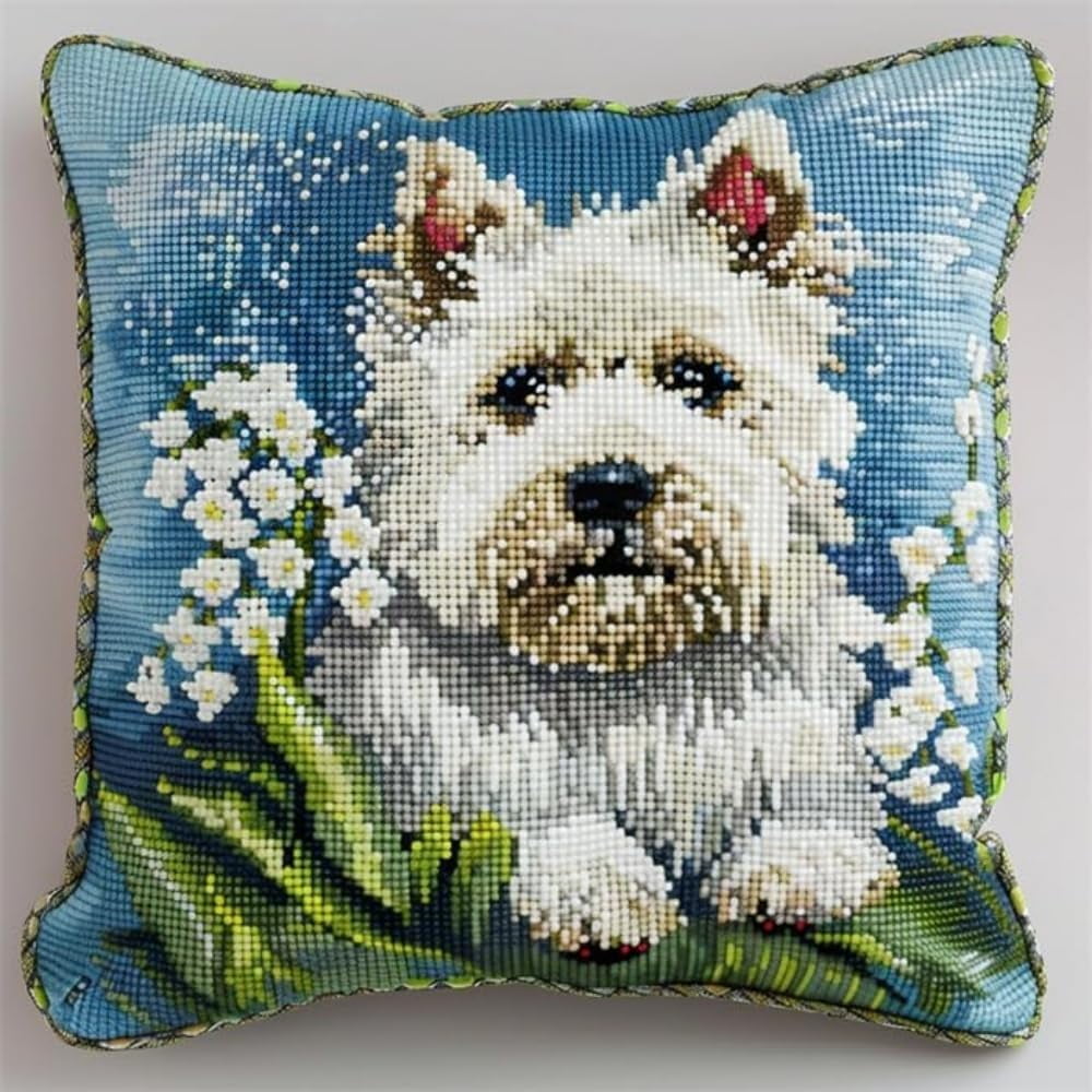 Latch Hook Cushion Kits for Adults Westie Dog Puppy Flower White Green Rug Cover Pillowcase Kids Beginner DIY Needlework Embroidery Kits Handmade Set Craft Sofa Home Decor 43x43cm