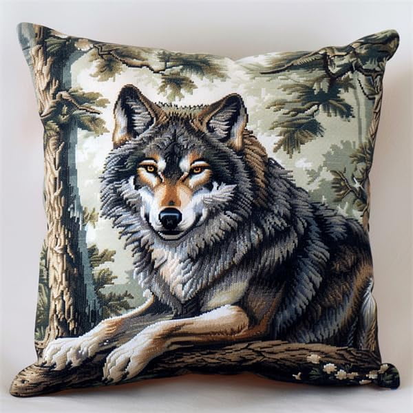 Latch Hook Cushion Kits for Adults Wolf Latch Hook Kits for Adults 43X43cm with Preprinted Pattern Needlework Embroidery Set DIY Handmade Crochet Craft Kit for Sofa Home Decor