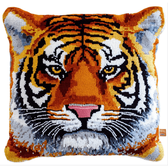 Latch Hook Cushion Kits, Animal Tiger Head Latch Hook Pillow Case Kits Embroidery Kit 43x43cm, DIY Needlework Pillow Cover Sofa Cushion Rug Making Kit