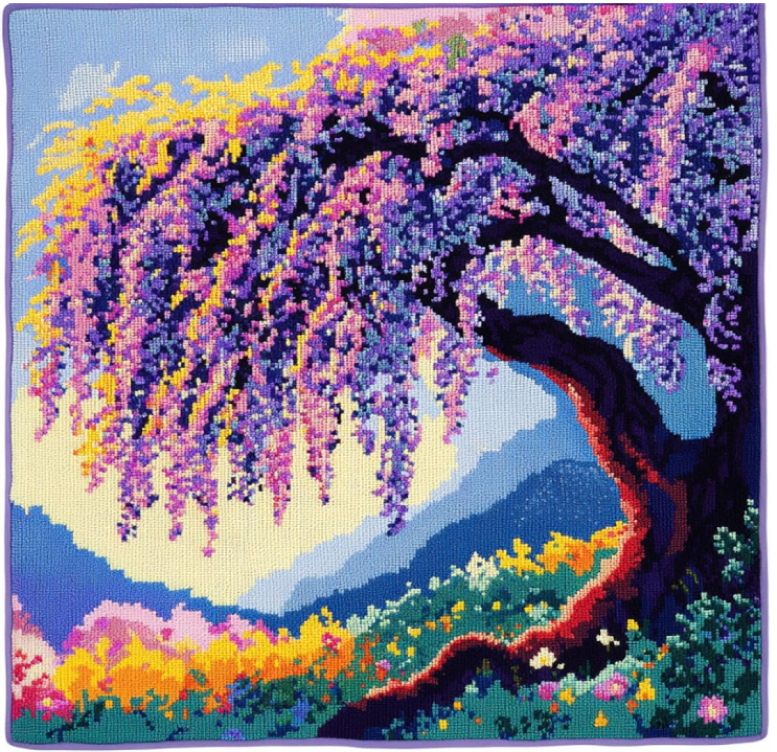 Latch Hook Cushion Kits Cartoon Purple Flower Tree DIY Latch Hook Kits Pillowcase Embroidery,Knitting,Gift For Adults Beginners 17x17In