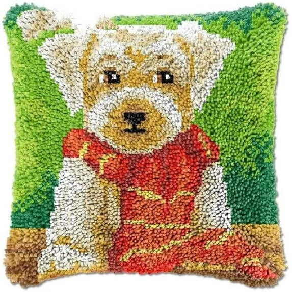 Latch Hook Cushion Kits, Cute Puppy | DIY Needlework Pillow Cover Sofa Cushion Rug Making Kits, DIY Craft Kits 43×43cm/17*17in