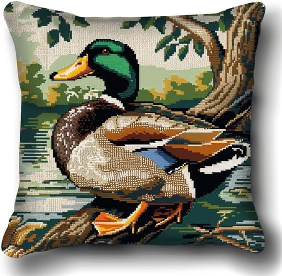 Latch Hook Cushion Kits Duck Latch Hook Kits for Adults Pillow Case 43X43cm Handmade Crochet Craft Kits Cushion Cover Needlework for Home Decoration Patterns Printed DIY Making Kit