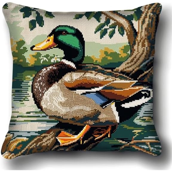 Latch Hook Cushion Kits Duck Latch Hook Kits for Adults Pillow Case 43X43cm Handmade Crochet Craft Kits Cushion Cover Needlework for Home Decoration Patterns Printed DIY Making Kit