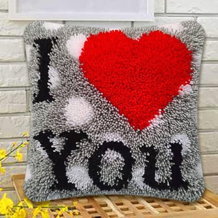 Latch Hook Cushion Kits I Love You Latch Hook kit Cushion Throw Pillow Embroidery Craft Kits for Beginner DIY Latch Hook Rug Kit Canvas Home Decor 43x43cm