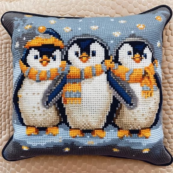 Latch Hook Pillow Kit, DIY Needlework Cushion Cover Hand Craft Crochet Printed Canvas Cushion 17x17in - Animal Penguin