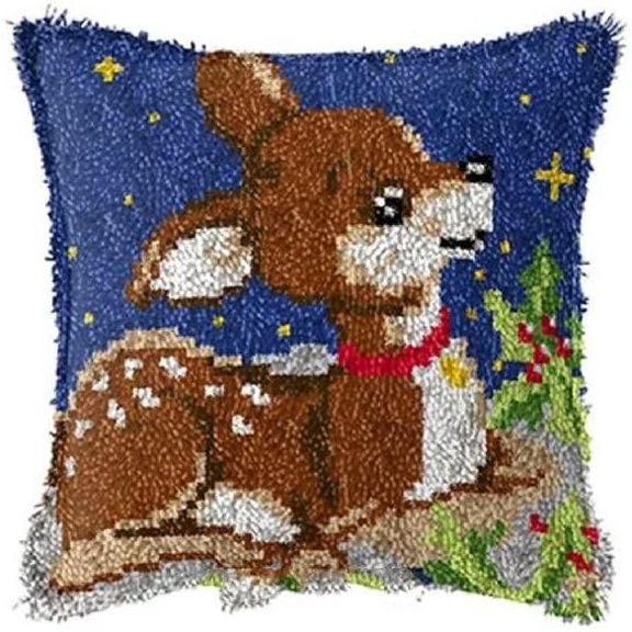 Latch Hook Cushion Kits, Christmas Deer | DIY Needlework Pillow Cover Sofa Cushion Rug Making Kits, DIY Craft Kits 43x43 cm
